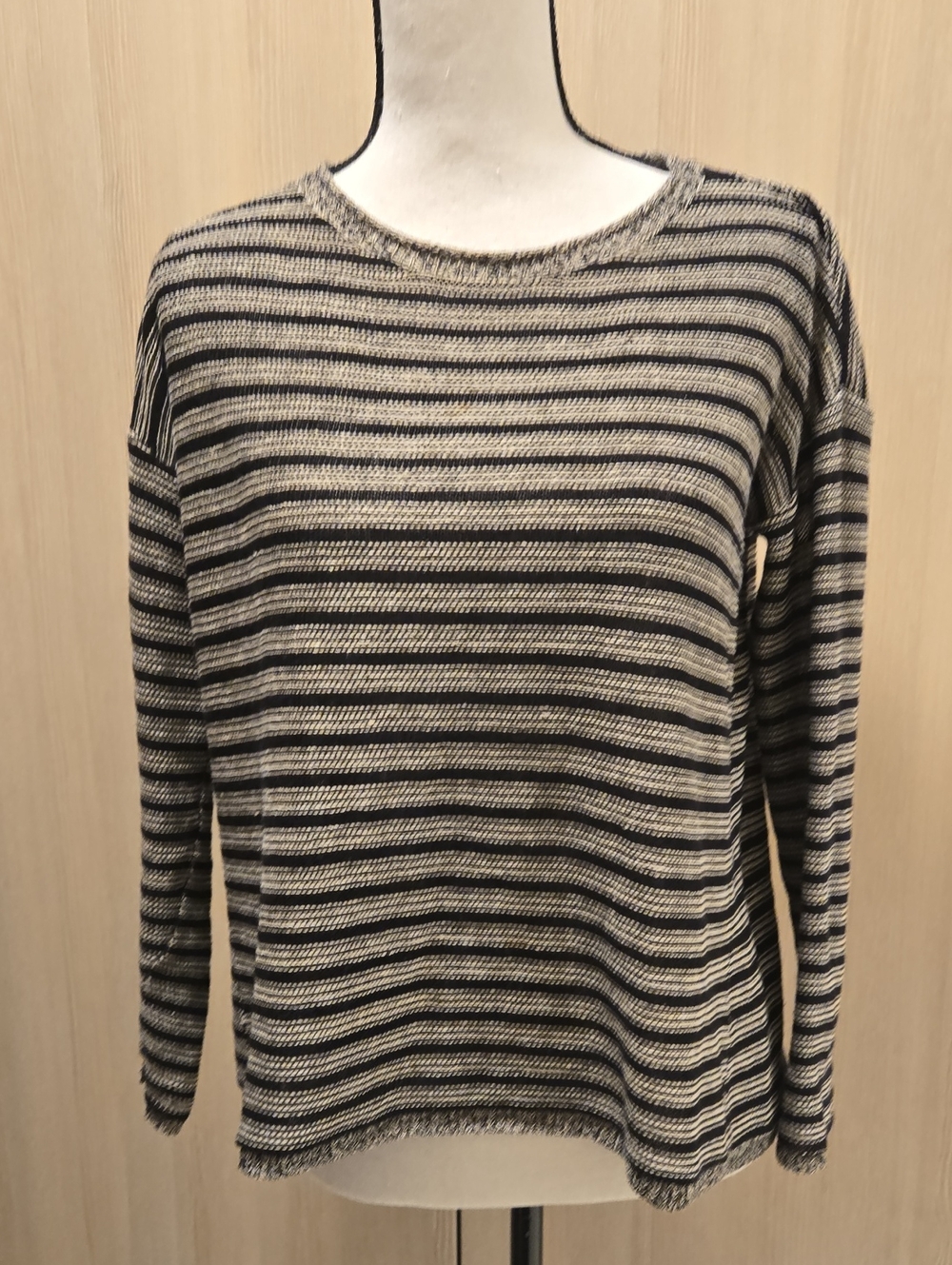 Eileen Fisher Black & Cream Striped Crewneck Long Sleeve